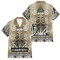 Aotearoa Iwi Waikato Tainui Family Matching Long Sleeve Bodycon Dress and Hawaiian Shirt Maori Wharenui House Tribal Pattern LT9 Dad's Shirt - Short Sleeve Light Gold - Polynesian Pride