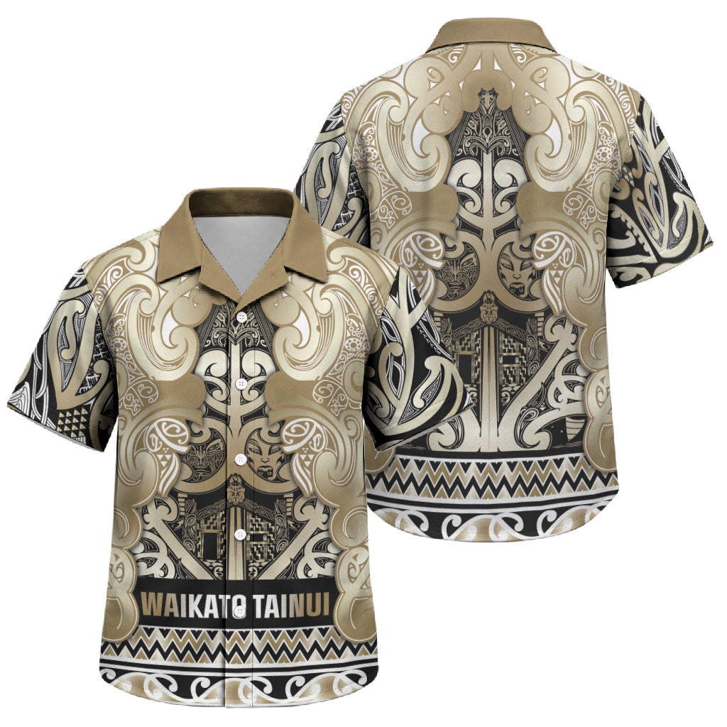Aotearoa Iwi Waikato Tainui Family Matching Long Sleeve Bodycon Dress and Hawaiian Shirt Maori Wharenui House Tribal Pattern LT9 Son's Shirt Light Gold - Polynesian Pride