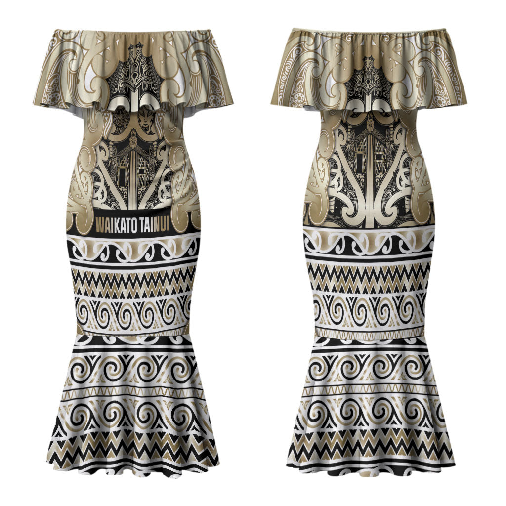 Aotearoa Iwi Waikato Tainui Family Matching Mermaid Dress and Hawaiian Shirt Maori Wharenui House Tribal Pattern LT9 Mom's Dress Light Gold - Polynesian Pride