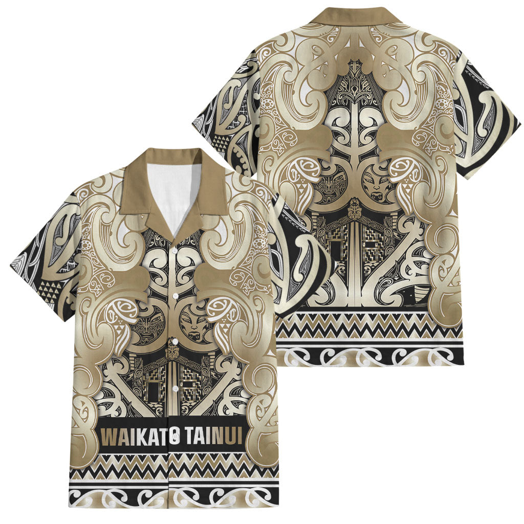 Aotearoa Iwi Waikato Tainui Family Matching Mermaid Dress and Hawaiian Shirt Maori Wharenui House Tribal Pattern LT9 Dad's Shirt - Short Sleeve Light Gold - Polynesian Pride