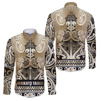 Aotearoa Iwi Waikato Tainui Family Matching Mermaid Dress and Hawaiian Shirt Maori Wharenui House Tribal Pattern LT9 Dad's Shirt - Long Sleeve Light Gold - Polynesian Pride