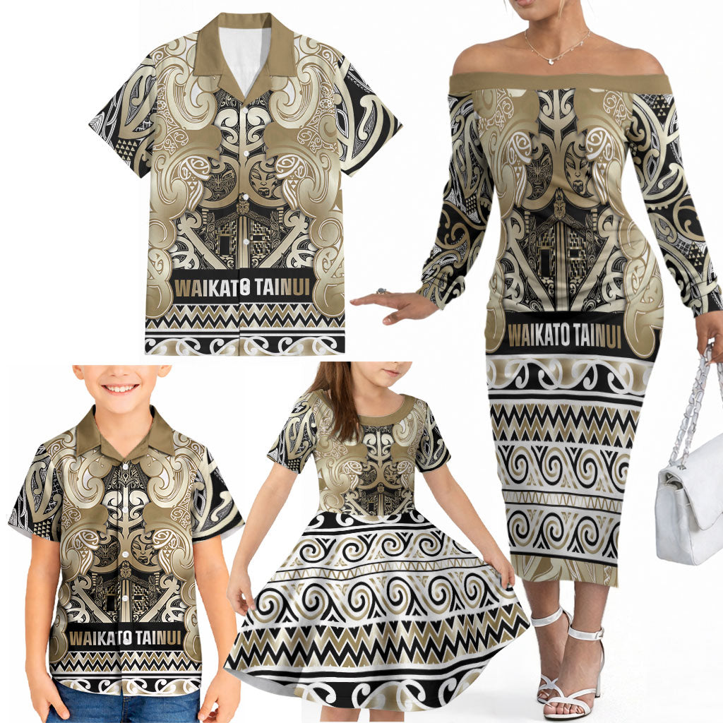 Aotearoa Iwi Waikato Tainui Family Matching Off The Shoulder Long Sleeve Dress and Hawaiian Shirt Maori Wharenui House Tribal Pattern LT9 - Polynesian Pride