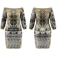Aotearoa Iwi Waikato Tainui Family Matching Off The Shoulder Long Sleeve Dress and Hawaiian Shirt Maori Wharenui House Tribal Pattern LT9 Mom's Dress Light Gold - Polynesian Pride