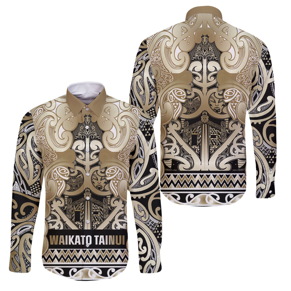 Aotearoa Iwi Waikato Tainui Family Matching Short Sleeve Bodycon Dress and Hawaiian Shirt Maori Wharenui House Tribal Pattern LT9 Dad's Shirt - Long Sleeve Light Gold - Polynesian Pride