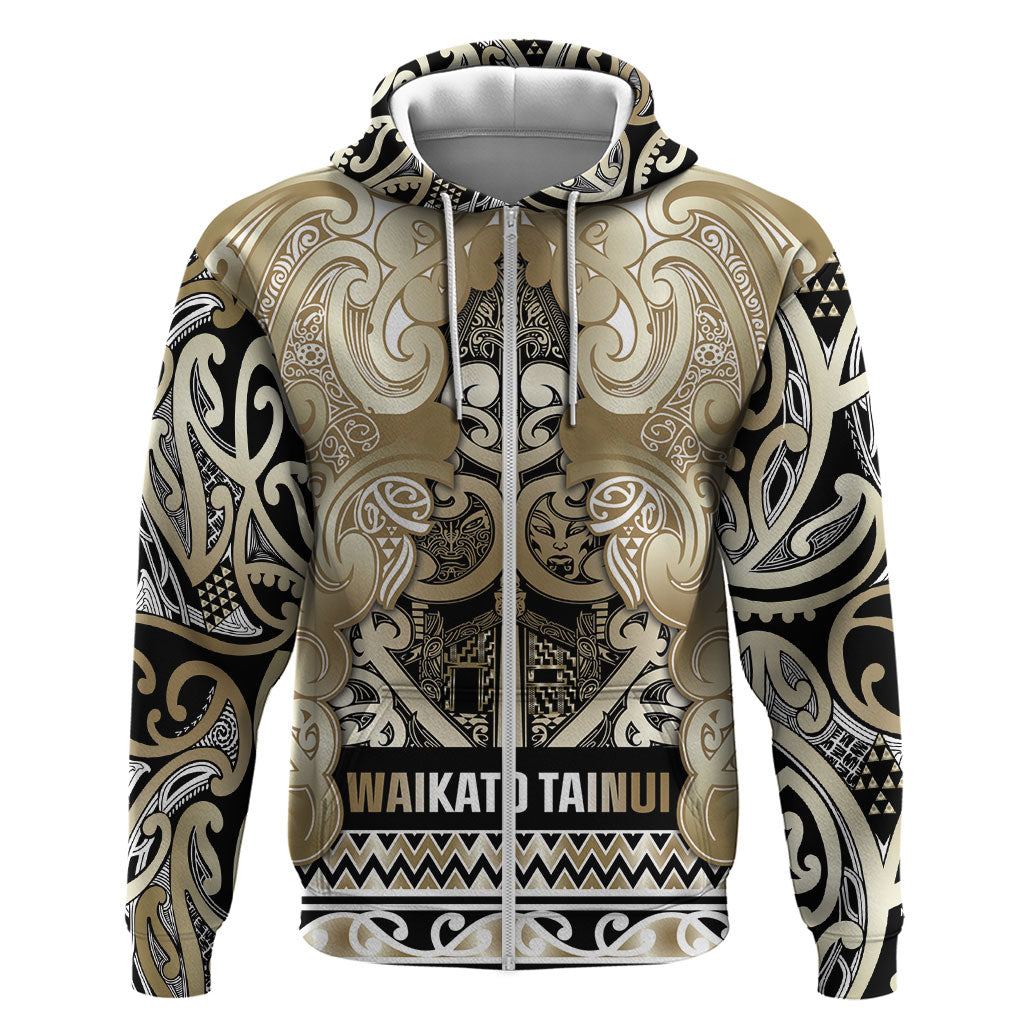 Aotearoa Iwi Waikato Tainui Hoodie Maori Wharenui House Tribal Pattern LT9 Zip Hoodie Light Gold - Polynesian Pride
