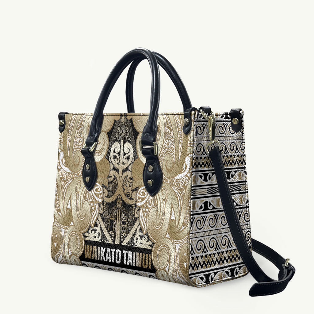 Aotearoa Iwi Waikato Tainui Leather Bag Maori Wharenui House Tribal Pattern LT9 Light Gold - Polynesian Pride