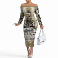 Aotearoa Iwi Waikato Tainui Off The Shoulder Long Sleeve Dress Maori Wharenui House Tribal Pattern LT9 Women Light Gold - Polynesian Pride