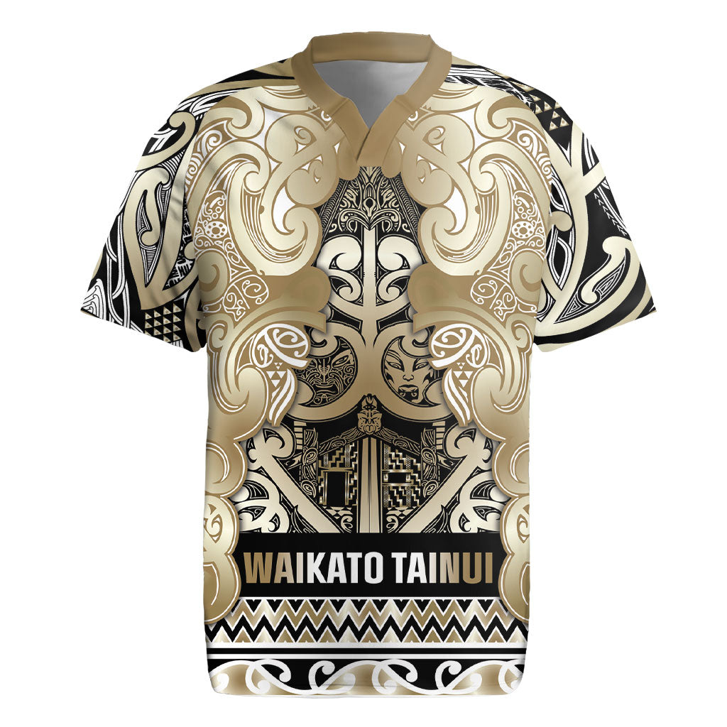 Aotearoa Iwi Waikato Tainui Rugby Jersey Maori Wharenui House Tribal Pattern LT9 Light Gold - Polynesian Pride