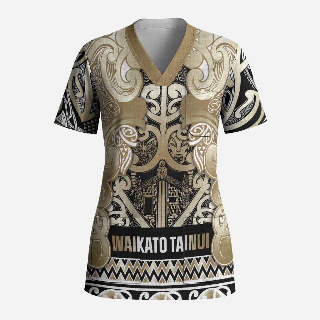 Aotearoa Iwi Waikato Tainui Scrub Top Maori Wharenui House Tribal Pattern LT9 Adult Light Gold - Polynesian Pride