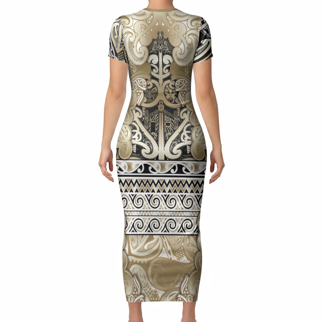 Aotearoa Iwi Waikato Tainui Short Sleeve Bodycon Dress Maori Wharenui House Tribal Pattern LT9 - Polynesian Pride