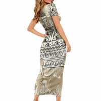 Aotearoa Iwi Waikato Tainui Short Sleeve Bodycon Dress Maori Wharenui House Tribal Pattern LT9 - Polynesian Pride