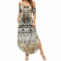 Aotearoa Iwi Waikato Tainui Summer Maxi Dress Maori Wharenui House Tribal Pattern LT9 Women Light Gold - Polynesian Pride