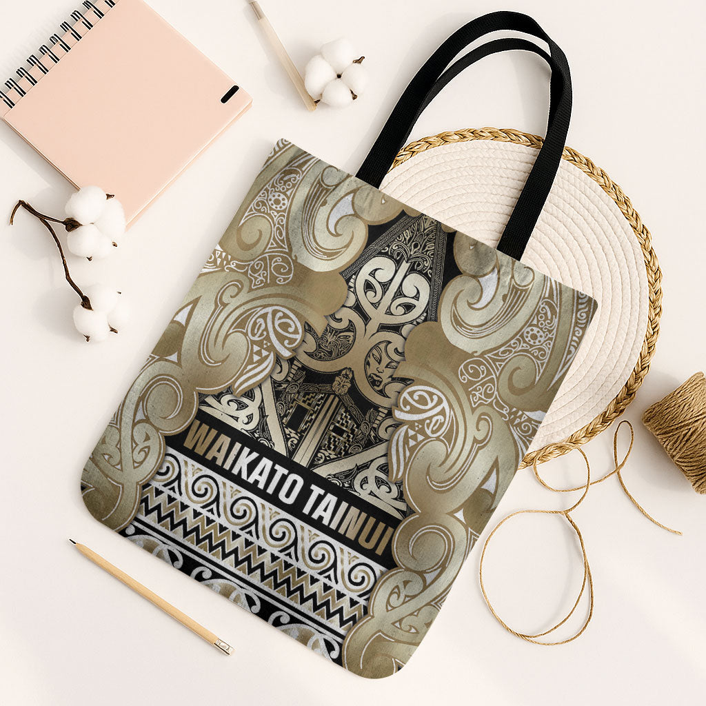 Aotearoa Iwi Waikato Tainui Tote Bag Maori Wharenui House Tribal Pattern LT9 Black Strap One Size Light Gold - Polynesian Pride
