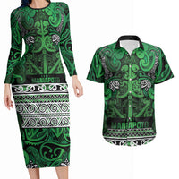 Aotearoa Iwi Ngati Maniapoto Couples Matching Long Sleeve Bodycon Dress and Hawaiian Shirt Maori Wharenui House Tribal Pattern LT9 Dark green - Polynesian Pride