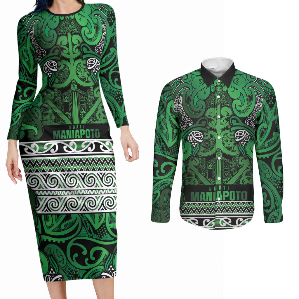 Aotearoa Iwi Ngati Maniapoto Couples Matching Long Sleeve Bodycon Dress and Long Sleeve Button Shirt Maori Wharenui House Tribal Pattern LT9 Dark green - Polynesian Pride
