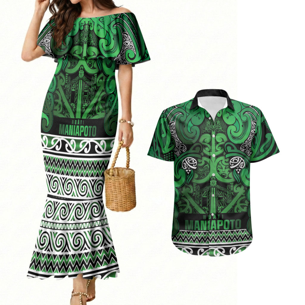 Aotearoa Iwi Ngati Maniapoto Couples Matching Mermaid Dress and Hawaiian Shirt Maori Wharenui House Tribal Pattern LT9 Dark green - Polynesian Pride
