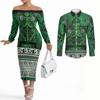 Aotearoa Iwi Ngati Maniapoto Couples Matching Off The Shoulder Long Sleeve Dress and Long Sleeve Button Shirt Maori Wharenui House Tribal Pattern LT9 Dark green - Polynesian Pride