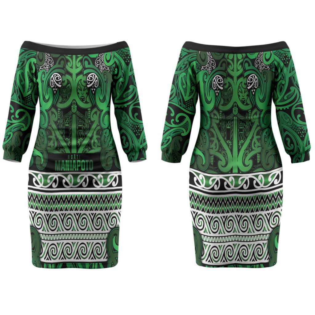 Aotearoa Iwi Ngati Maniapoto Couples Matching Off The Shoulder Long Sleeve Dress and Long Sleeve Button Shirt Maori Wharenui House Tribal Pattern LT9 - Polynesian Pride