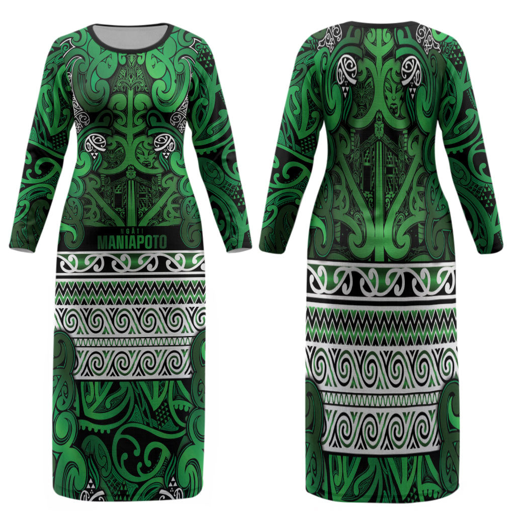 Aotearoa Iwi Ngati Maniapoto Family Matching Long Sleeve Bodycon Dress and Hawaiian Shirt Maori Wharenui House Tribal Pattern LT9 Mom's Dress Dark green - Polynesian Pride
