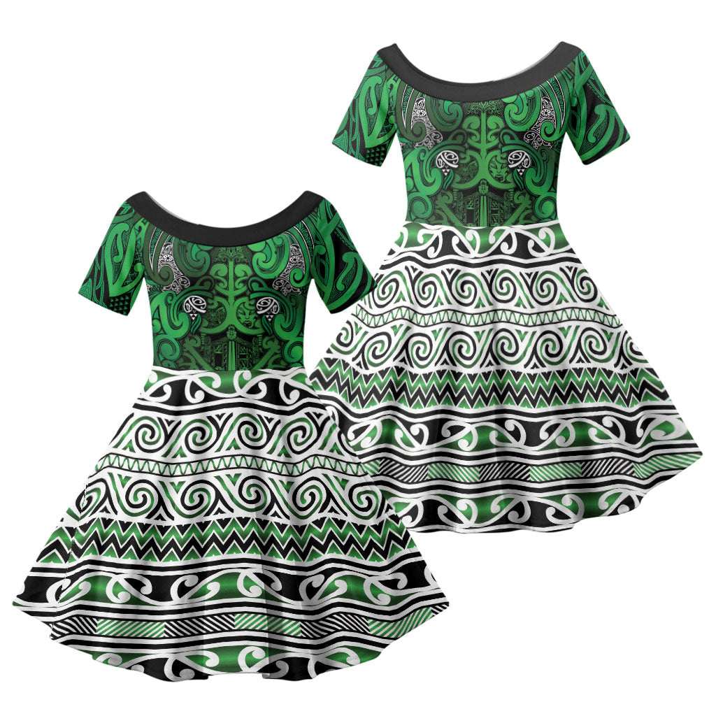 Aotearoa Iwi Ngati Maniapoto Family Matching Long Sleeve Bodycon Dress and Hawaiian Shirt Maori Wharenui House Tribal Pattern LT9 Daughter's Dress Dark green - Polynesian Pride