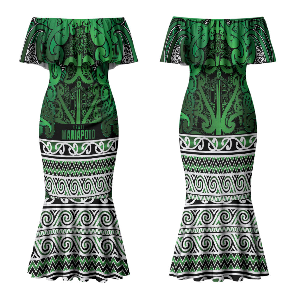 Aotearoa Iwi Ngati Maniapoto Family Matching Mermaid Dress and Hawaiian Shirt Maori Wharenui House Tribal Pattern LT9 Mom's Dress Dark green - Polynesian Pride