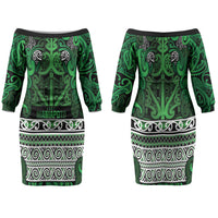 Aotearoa Iwi Ngati Maniapoto Family Matching Off The Shoulder Long Sleeve Dress and Hawaiian Shirt Maori Wharenui House Tribal Pattern LT9 Mom's Dress Dark green - Polynesian Pride