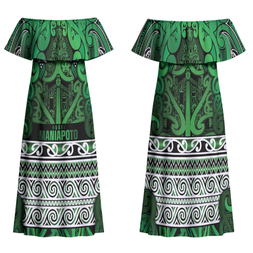 Aotearoa Iwi Ngati Maniapoto Family Matching Off Shoulder Maxi Dress and Hawaiian Shirt Maori Wharenui House Tribal Pattern LT9 Mom's Dress Dark green - Polynesian Pride