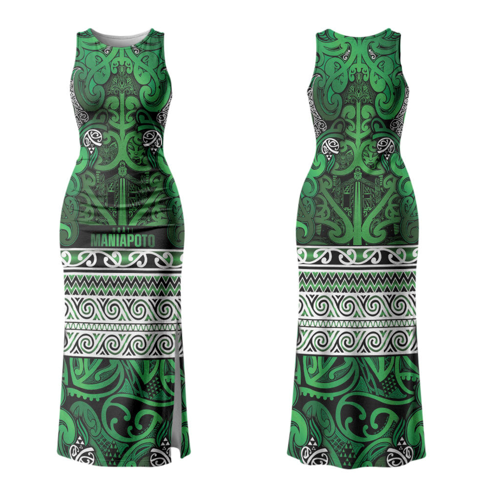 Aotearoa Iwi Ngati Maniapoto Family Matching Tank Maxi Dress and Hawaiian Shirt Maori Wharenui House Tribal Pattern LT9 Mom's Dress Dark green - Polynesian Pride