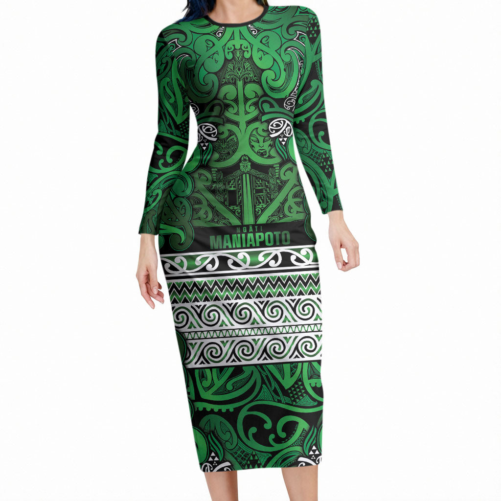 Aotearoa Iwi Ngati Maniapoto Long Sleeve Bodycon Dress Maori Wharenui House Tribal Pattern LT9 Long Dress Dark green - Polynesian Pride
