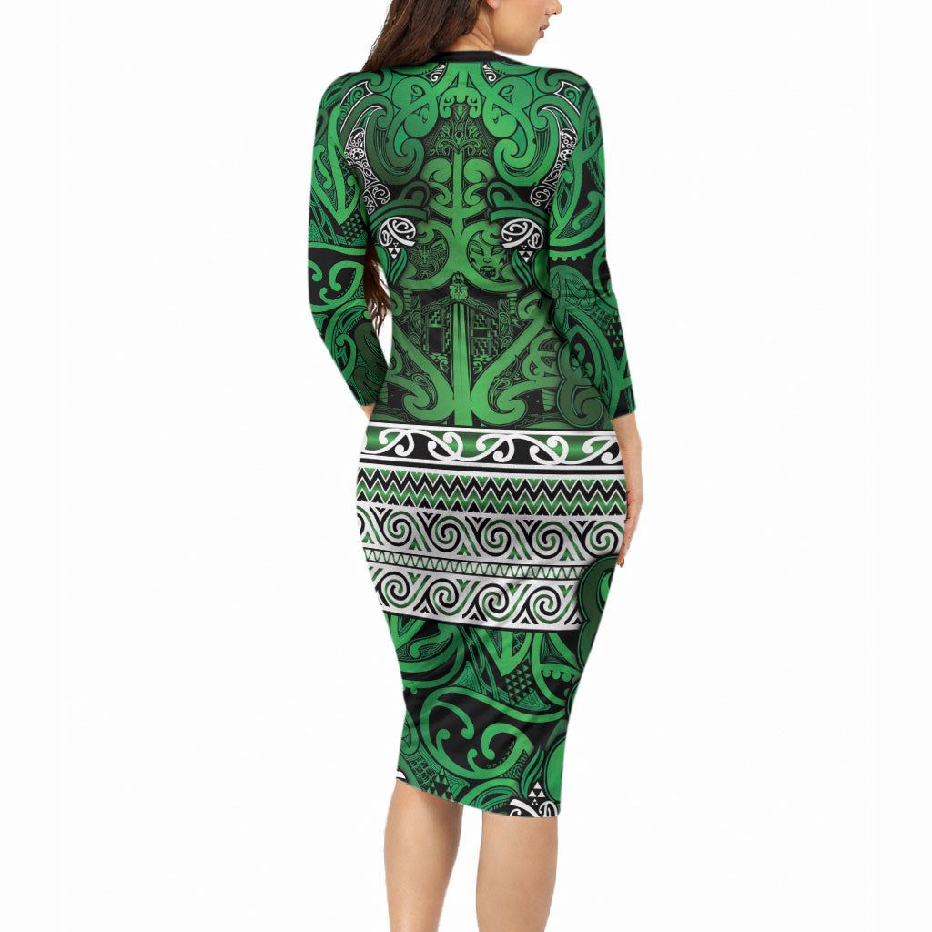 Aotearoa Iwi Ngati Maniapoto Long Sleeve Bodycon Dress Maori Wharenui House Tribal Pattern LT9 - Polynesian Pride