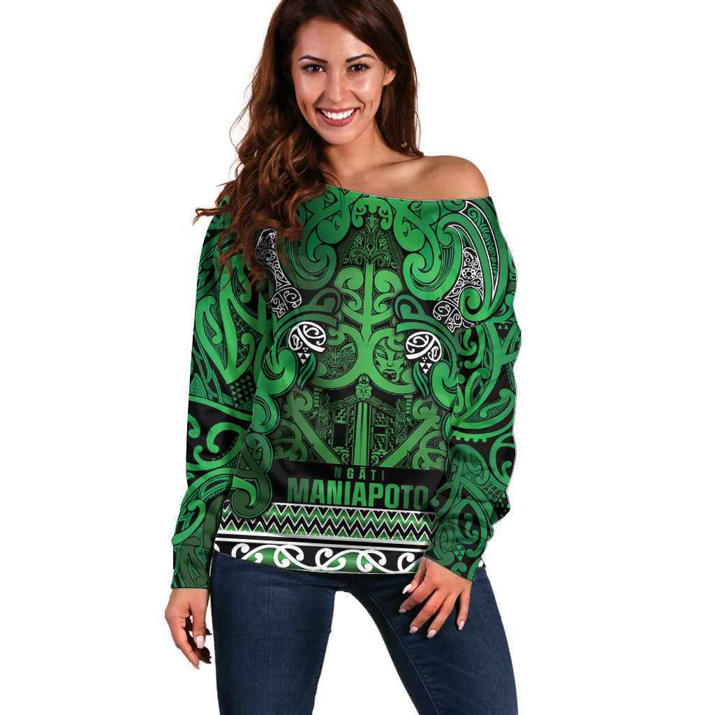 Aotearoa Iwi Ngati Maniapoto Off Shoulder Sweater Maori Wharenui House Tribal Pattern LT9 Women Dark green - Polynesian Pride