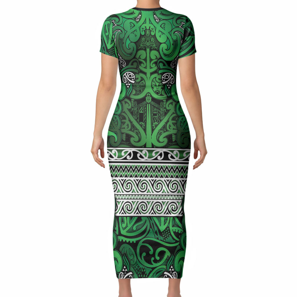 Aotearoa Iwi Ngati Maniapoto Short Sleeve Bodycon Dress Maori Wharenui House Tribal Pattern LT9 - Polynesian Pride
