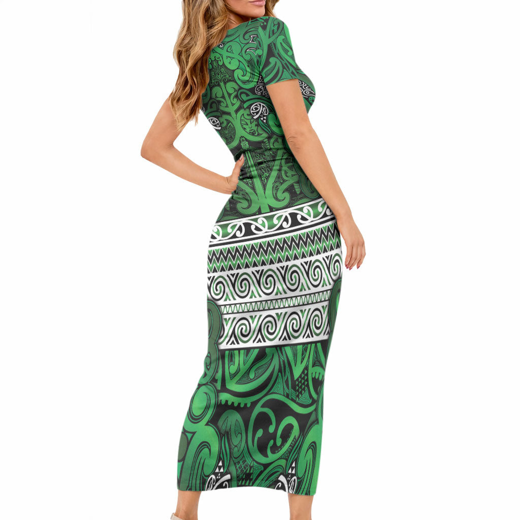 Aotearoa Iwi Ngati Maniapoto Short Sleeve Bodycon Dress Maori Wharenui House Tribal Pattern LT9 - Polynesian Pride