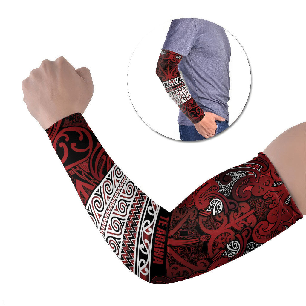 Aotearoa Iwi Te Arawa Arm Sleeves Maori Wharenui House Tribal Pattern LT9 Set of 2 Dark Red - Polynesian Pride