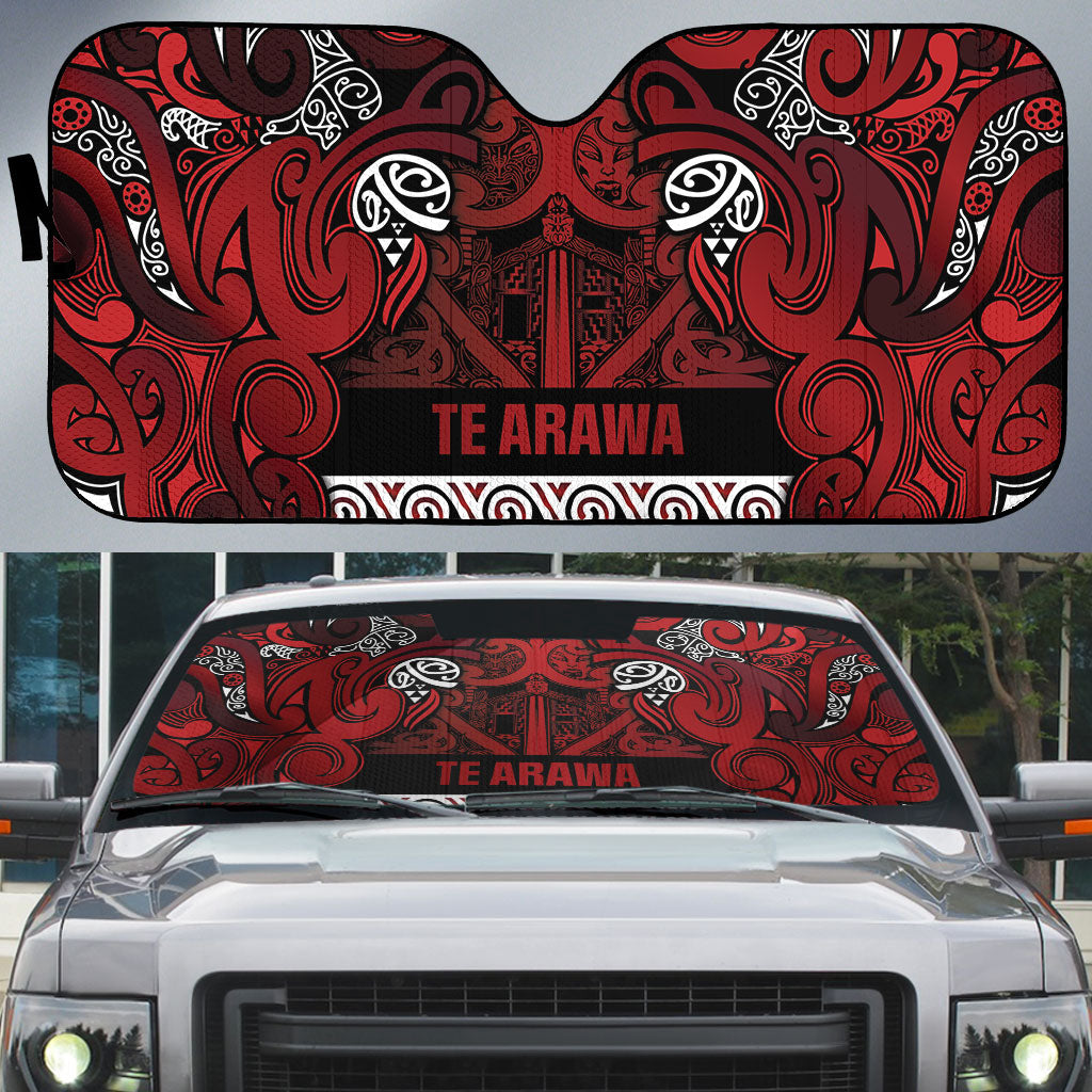 Aotearoa Iwi Te Arawa Auto Sun Shade Maori Wharenui House Tribal Pattern LT9 Dark Red - Polynesian Pride