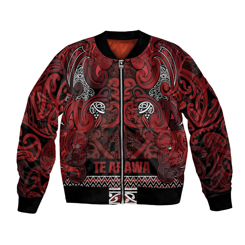 Aotearoa Iwi Te Arawa Bomber Jacket Maori Wharenui House Tribal Pattern LT9 Unisex Dark Red - Polynesian Pride