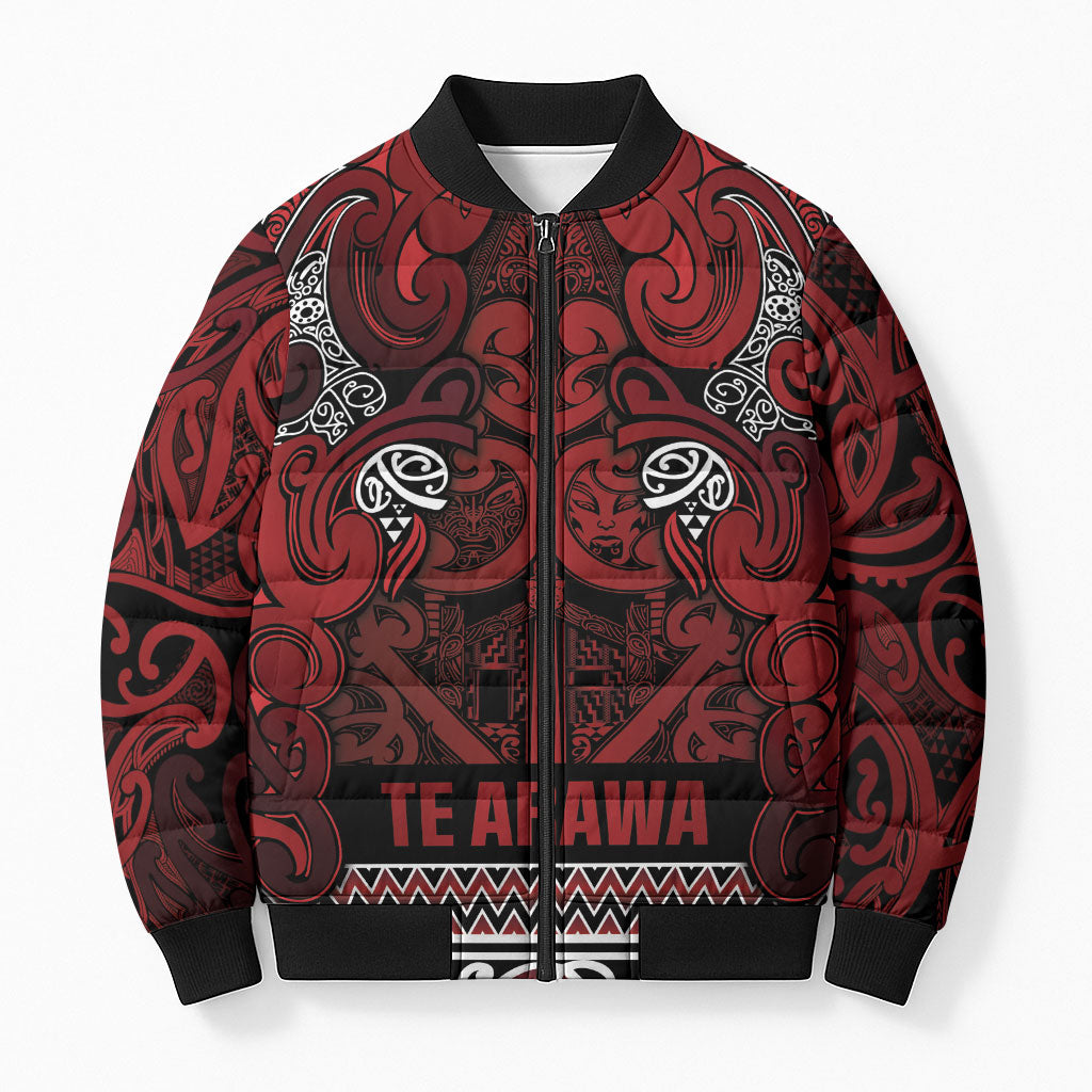 Aotearoa Iwi Te Arawa Bomber Puffer Jacket Maori Wharenui House Tribal Pattern LT9 Unisex Dark Red - Polynesian Pride