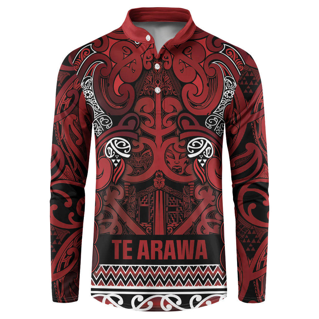 Aotearoa Iwi Te Arawa Button Sweatshirt Maori Wharenui House Tribal Pattern LT9 Dark Red - Polynesian Pride