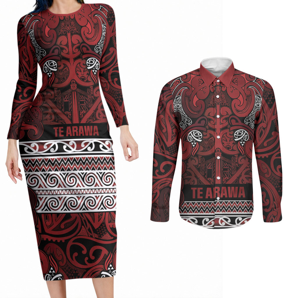 Aotearoa Iwi Te Arawa Couples Matching Long Sleeve Bodycon Dress and Long Sleeve Button Shirt Maori Wharenui House Tribal Pattern LT9 Dark Red - Polynesian Pride
