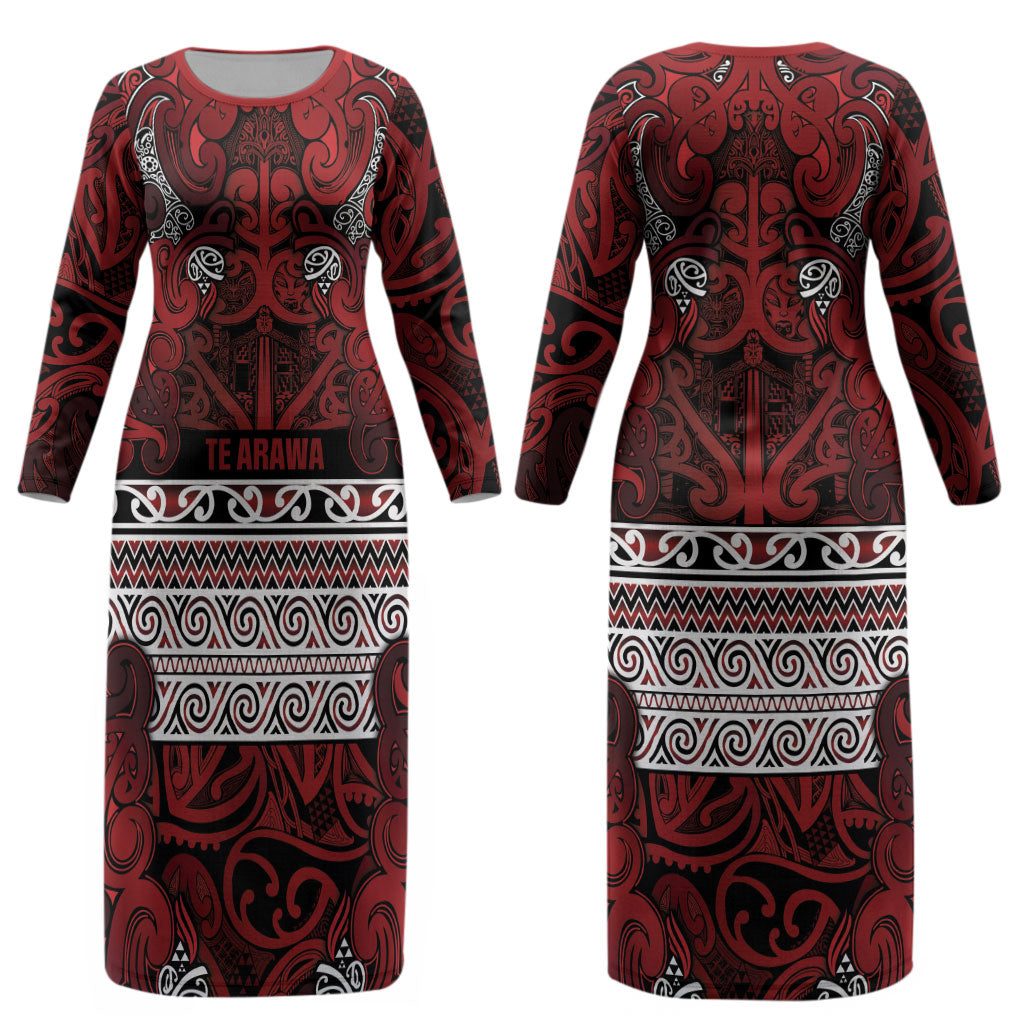 Aotearoa Iwi Te Arawa Couples Matching Long Sleeve Bodycon Dress and Long Sleeve Button Shirt Maori Wharenui House Tribal Pattern LT9 - Polynesian Pride