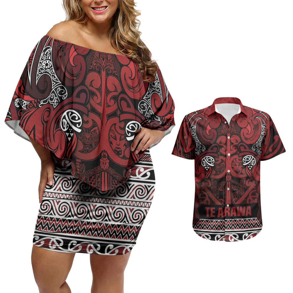 Aotearoa Iwi Te Arawa Couples Matching Off Shoulder Short Dress and Hawaiian Shirt Maori Wharenui House Tribal Pattern LT9 Dark Red - Polynesian Pride