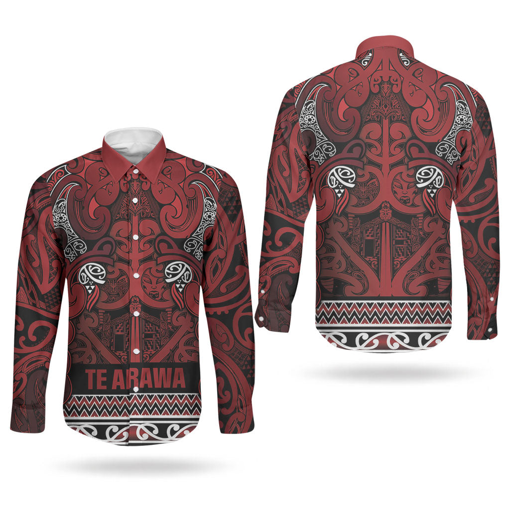 Aotearoa Iwi Te Arawa Couples Matching Off The Shoulder Long Sleeve Dress and Long Sleeve Button Shirt Maori Wharenui House Tribal Pattern LT9 - Polynesian Pride