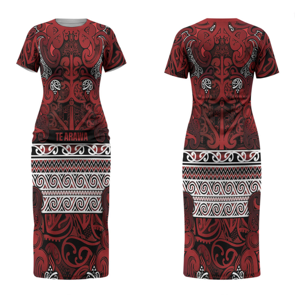 Aotearoa Iwi Te Arawa Couples Matching Short Sleeve Bodycon Dress and Long Sleeve Button Shirt Maori Wharenui House Tribal Pattern LT9 - Polynesian Pride