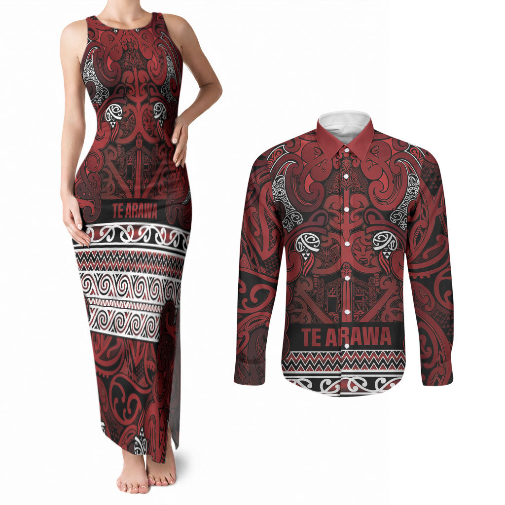 Aotearoa Iwi Te Arawa Couples Matching Tank Maxi Dress and Long Sleeve Button Shirt Maori Wharenui House Tribal Pattern LT9 Dark Red - Polynesian Pride