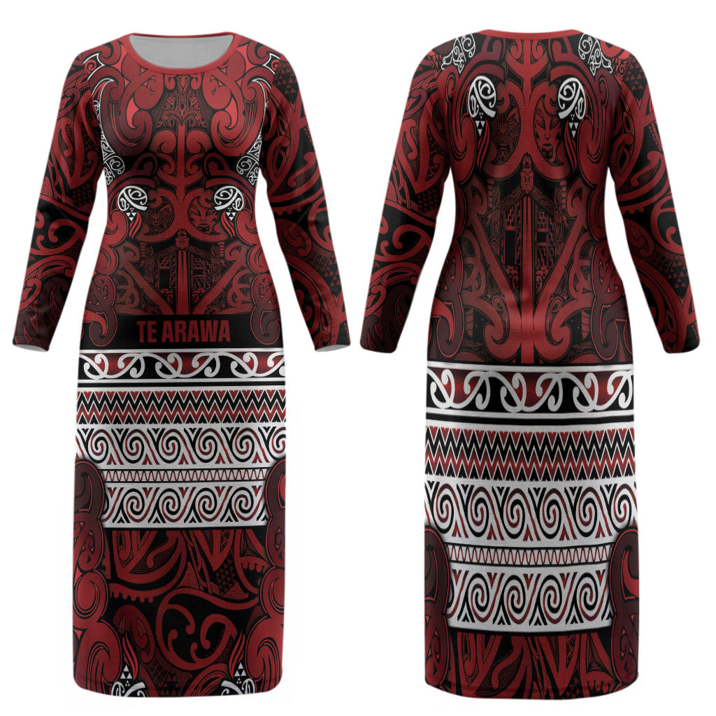Aotearoa Iwi Te Arawa Family Matching Long Sleeve Bodycon Dress and Hawaiian Shirt Maori Wharenui House Tribal Pattern LT9 Mom's Dress Dark Red - Polynesian Pride