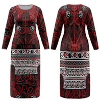 Aotearoa Iwi Te Arawa Family Matching Long Sleeve Bodycon Dress and Hawaiian Shirt Maori Wharenui House Tribal Pattern LT9 Mom's Dress Dark Red - Polynesian Pride