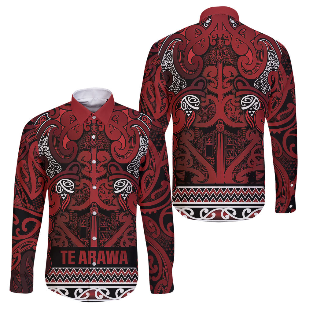 Aotearoa Iwi Te Arawa Family Matching Long Sleeve Bodycon Dress and Hawaiian Shirt Maori Wharenui House Tribal Pattern LT9 Dad's Shirt - Long Sleeve Dark Red - Polynesian Pride