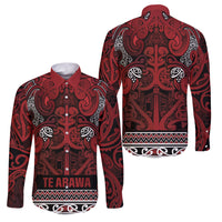 Aotearoa Iwi Te Arawa Family Matching Long Sleeve Bodycon Dress and Hawaiian Shirt Maori Wharenui House Tribal Pattern LT9 Dad's Shirt - Long Sleeve Dark Red - Polynesian Pride