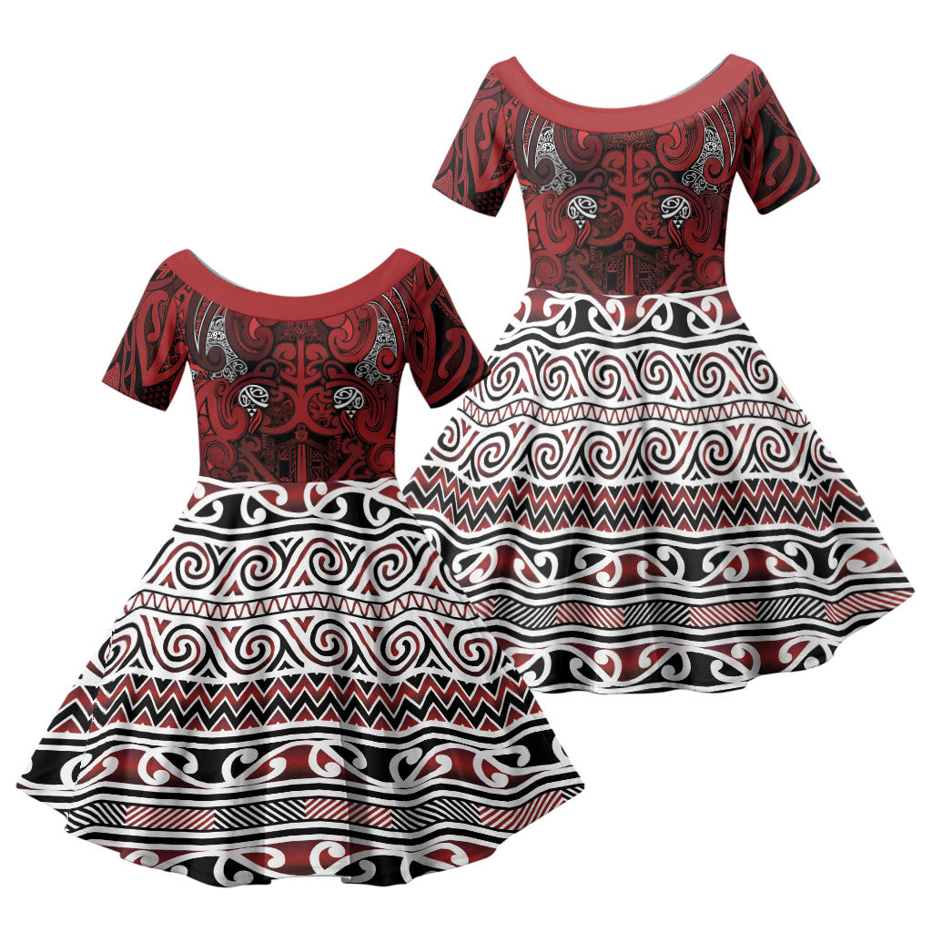 Aotearoa Iwi Te Arawa Family Matching Long Sleeve Bodycon Dress and Hawaiian Shirt Maori Wharenui House Tribal Pattern LT9 Daughter's Dress Dark Red - Polynesian Pride