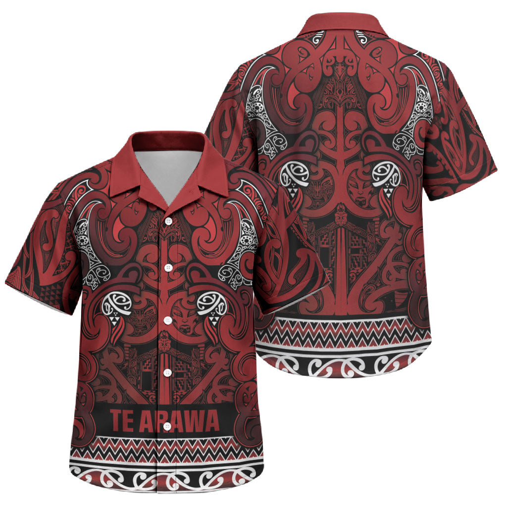 Aotearoa Iwi Te Arawa Family Matching Long Sleeve Bodycon Dress and Hawaiian Shirt Maori Wharenui House Tribal Pattern LT9 Son's Shirt Dark Red - Polynesian Pride